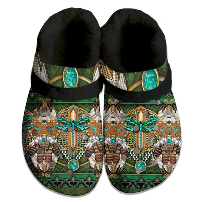 Unisex Green Pattern Fleece Clog Shoes For Women and Men Native American Style
