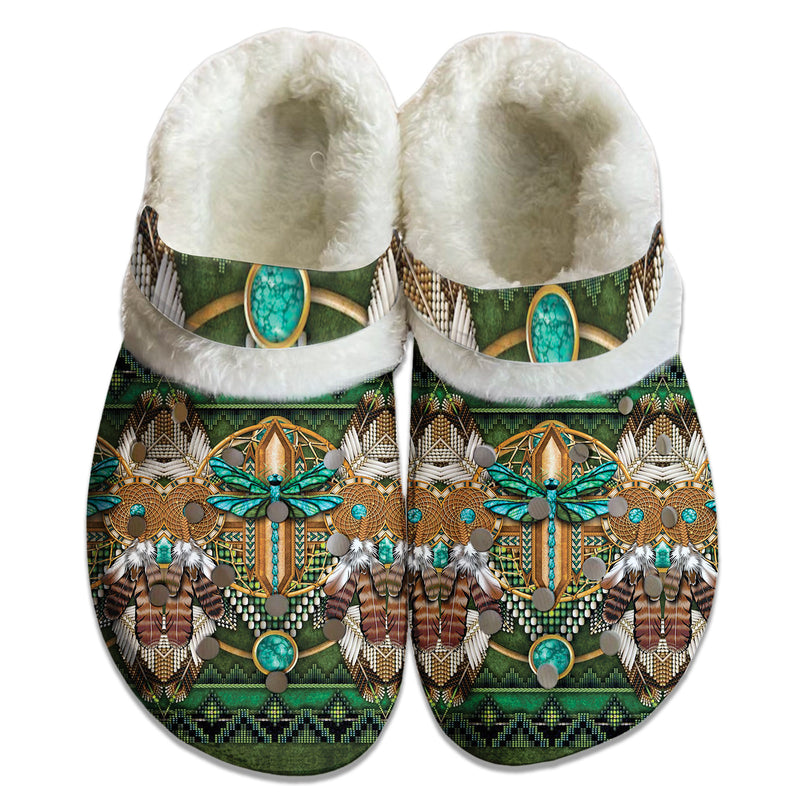 Unisex Green Pattern Fleece Clog Shoes For Women and Men Native American Style