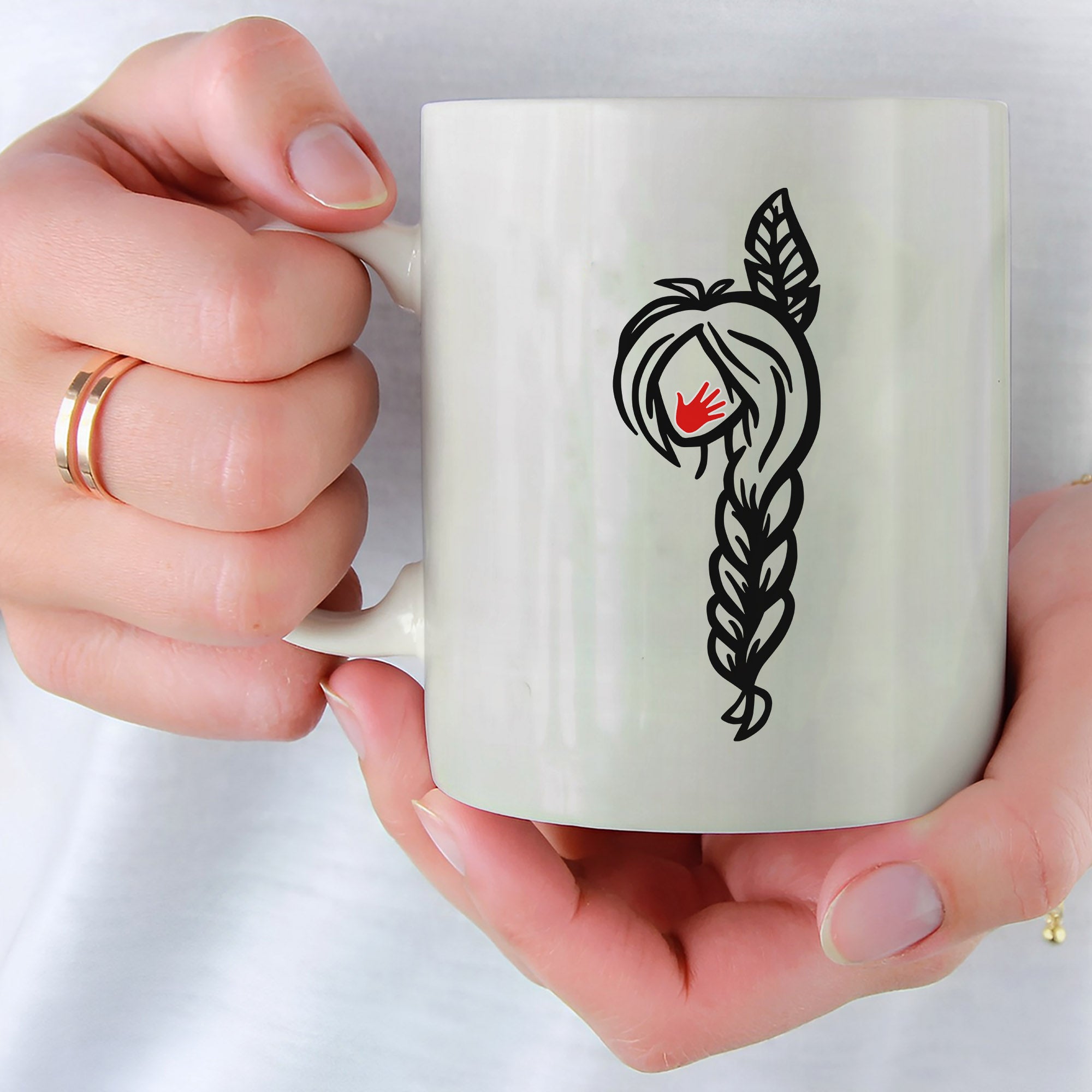 MMIW Red Hand Black Hair Indigenous Women Mug