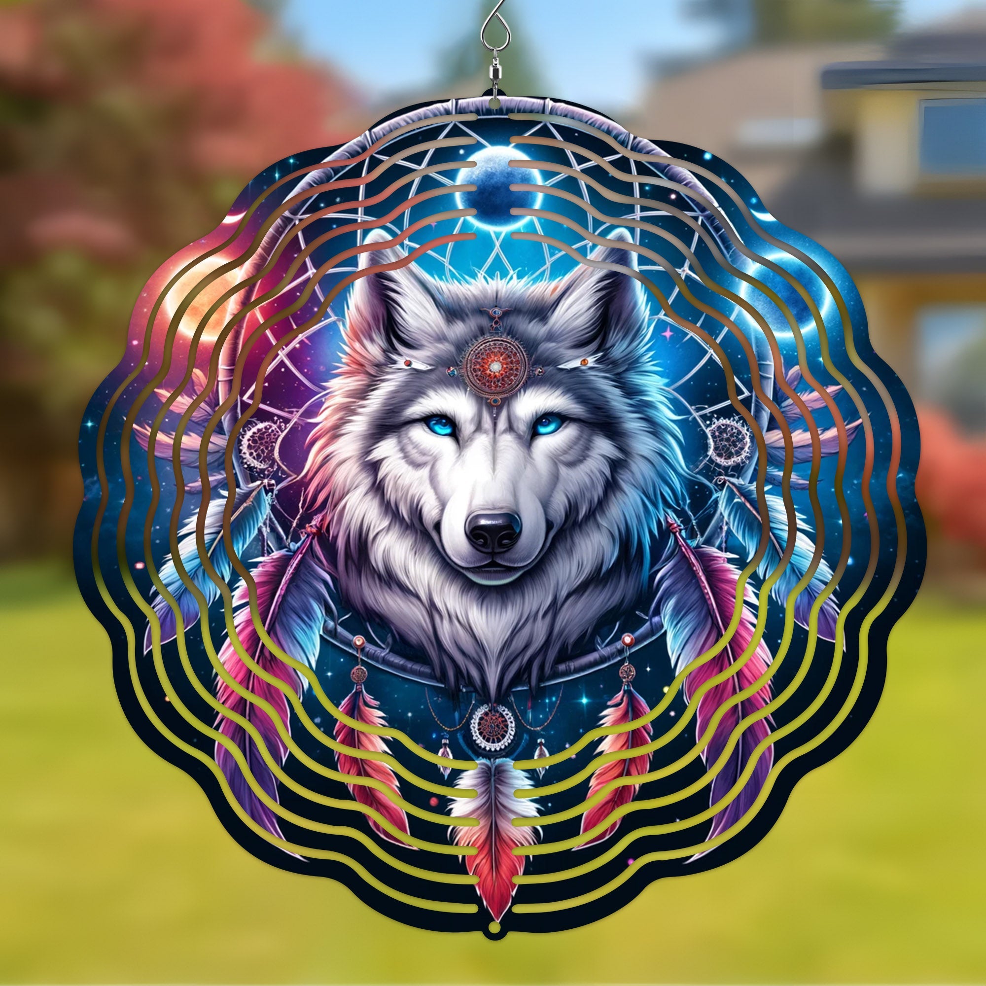 Colorful Native American Wolf Wind Spinner 003