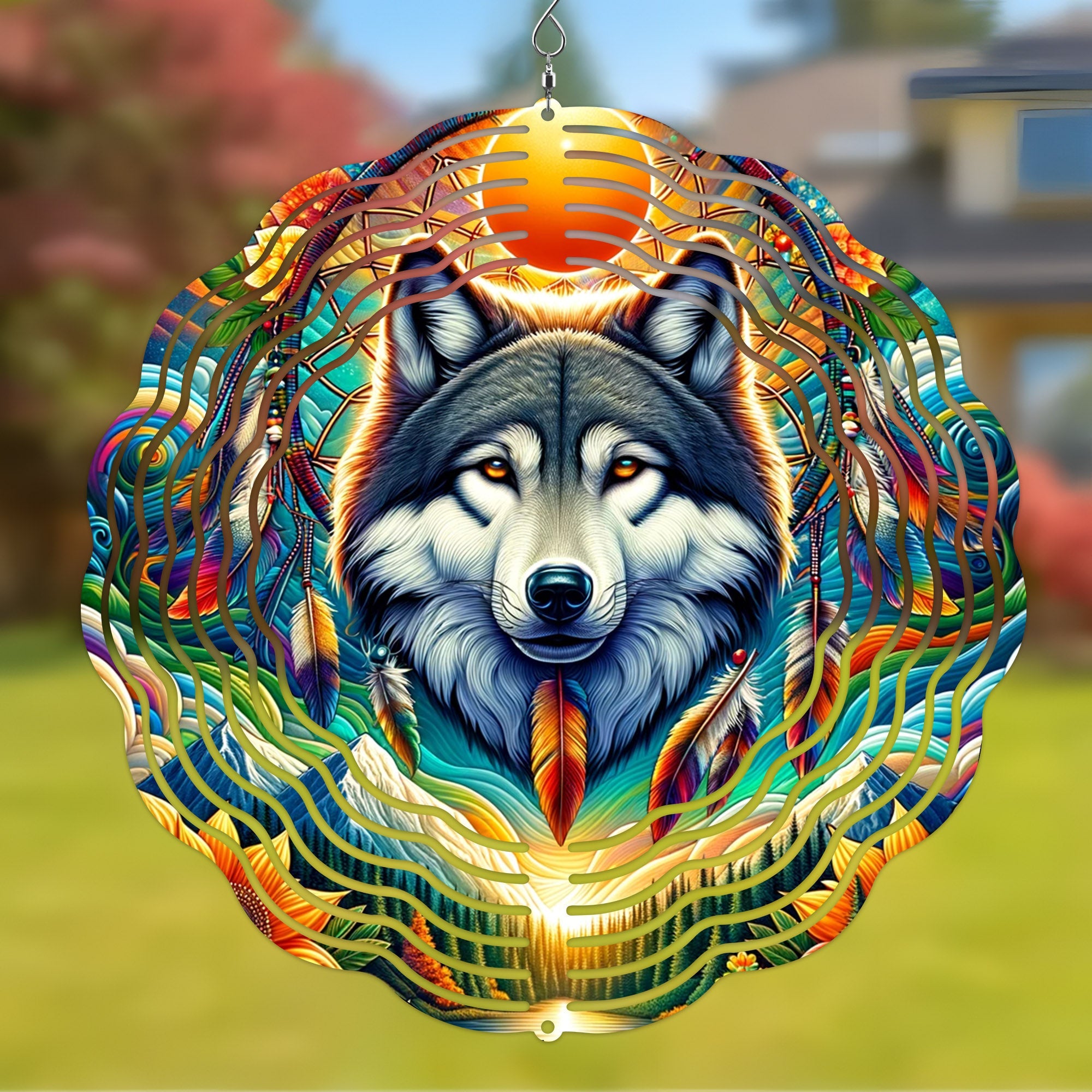 Colorful Native American Wolf Wind Spinner 004