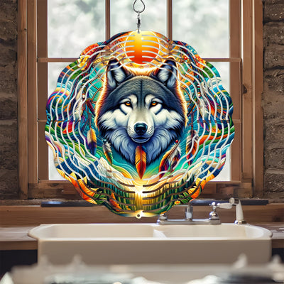 Colorful Native American Wolf Wind Spinner 004
