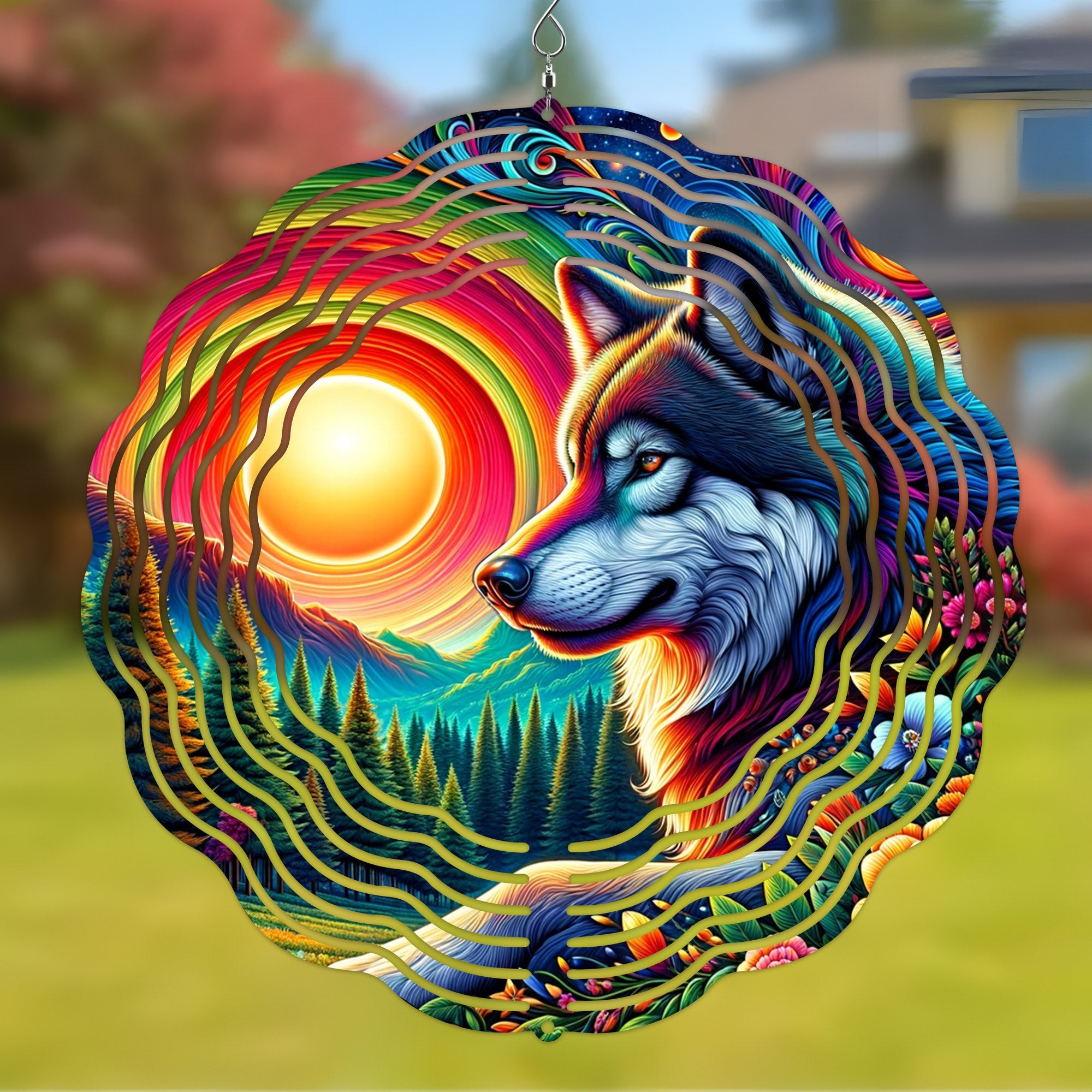 Colorful Native American Wolf Wind Spinner 005