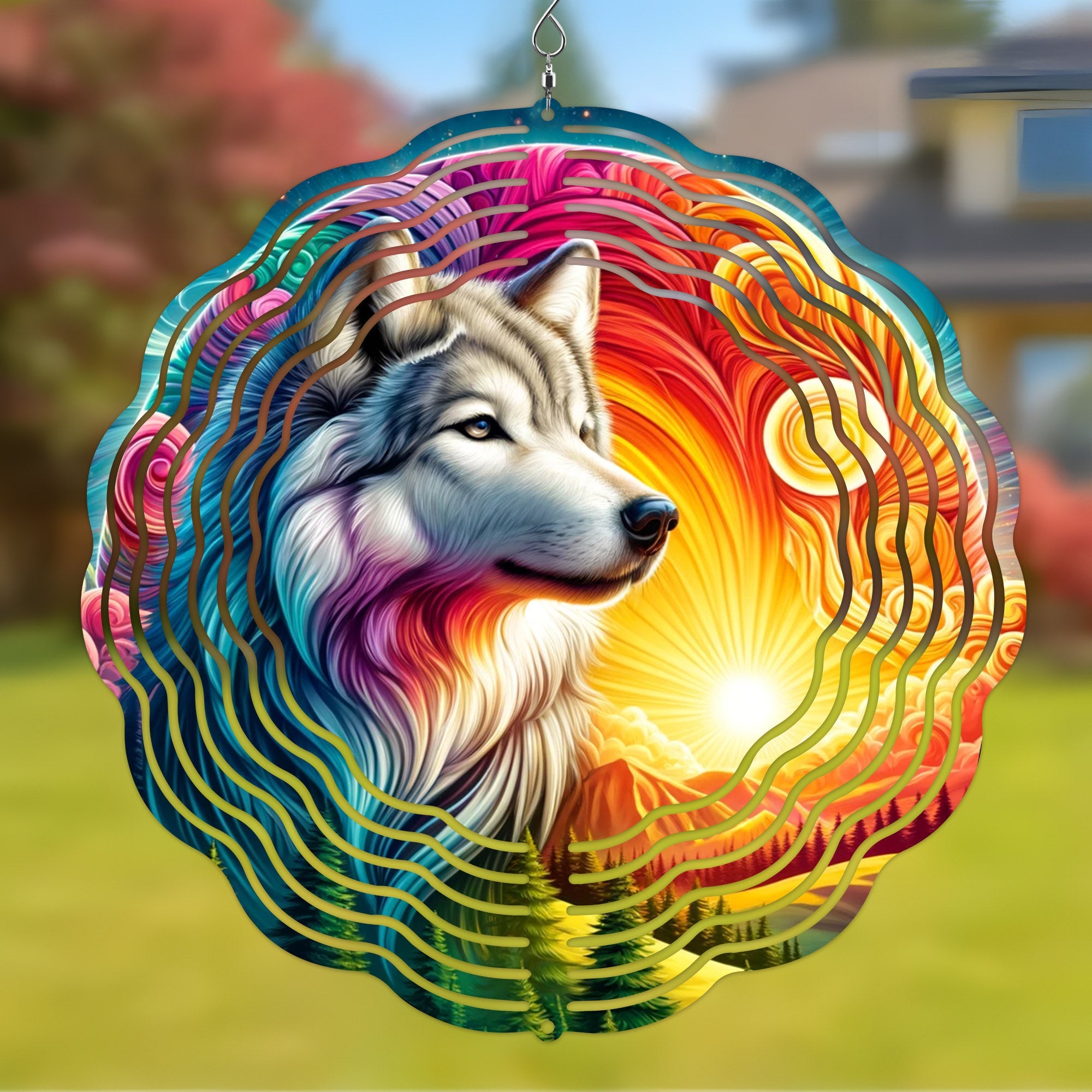 Colorful Native American Wolf Wind Spinner 006