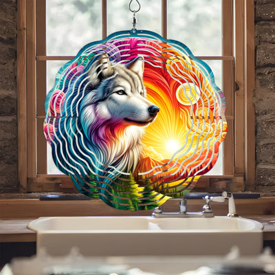 Colorful Native American Wolf Wind Spinner 006
