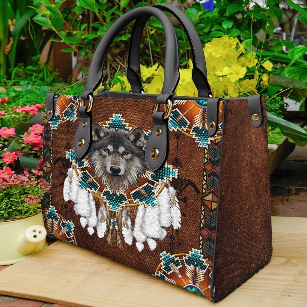 Blue Mandala Feather Wolf Native Leather Handbag WCS020