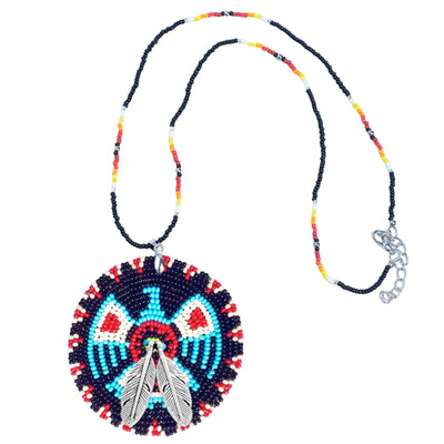 SALE 30% OFF - Dark Blue Thunderbird Beaded Patch Necklace Pendant Unisex With Native American Style