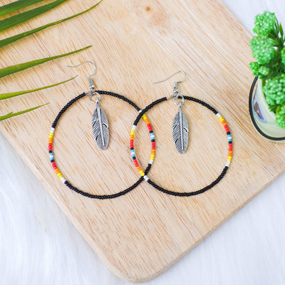 SALE 30% OFF - Black Round Pattern Beaded Handmade Hoop Earrings For Women