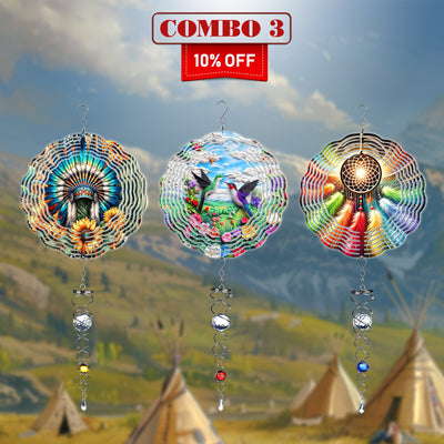 [COMBO 3 ] Colorful Wind Spinner Chief Headdress + Dreamcatcher +Hummingbirds Native American