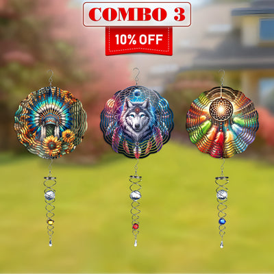 [COMBO 3 ] Colorful Wind Spinner Chief Headdress + Dreamcatcher + Wolf Native American