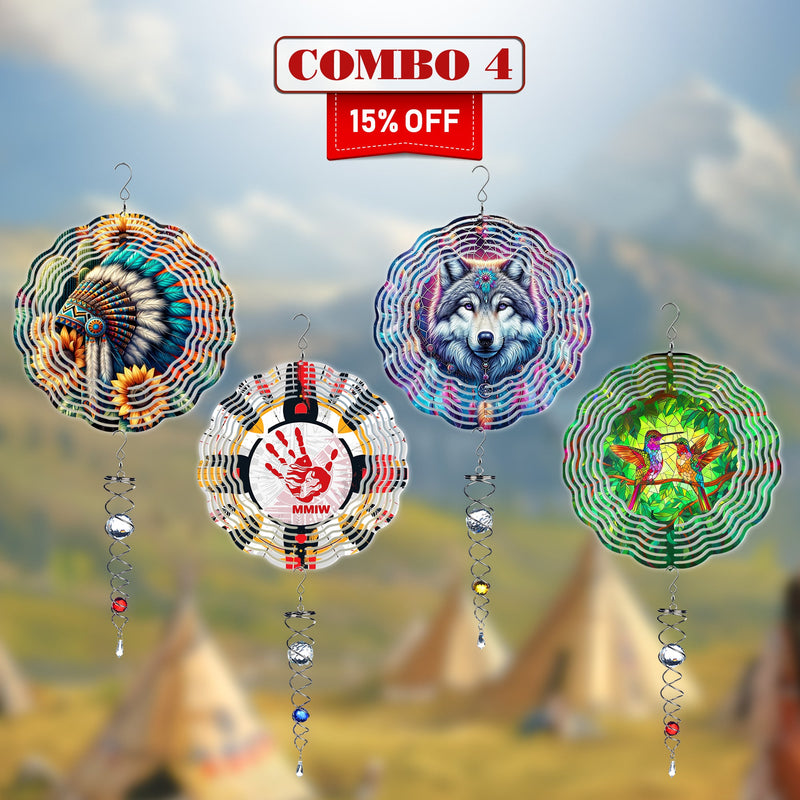 [COMBO 4 ] Colorful Wind Spinner Chief Headdress + MMIW + Wolf + Hummingbirds Native American