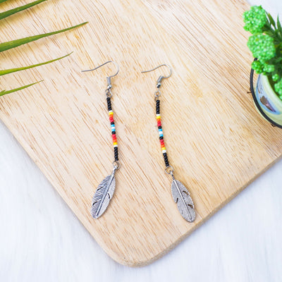 SALE 30% OFF - Black Stick with Metal Feather Beaded Handmade Earrings For Women