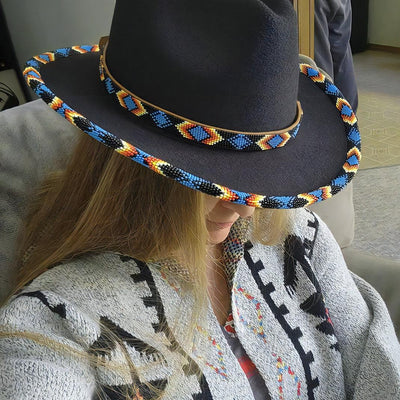 SALE  30% OFF - Dark Blue Pattern Fedora Hatband for Men Women Beaded Brim with Native American Style