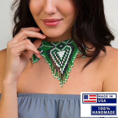 SALE 30% OFF - Green Black White Heart Beaded Bib Necklace Choker Unisex With Native American Style