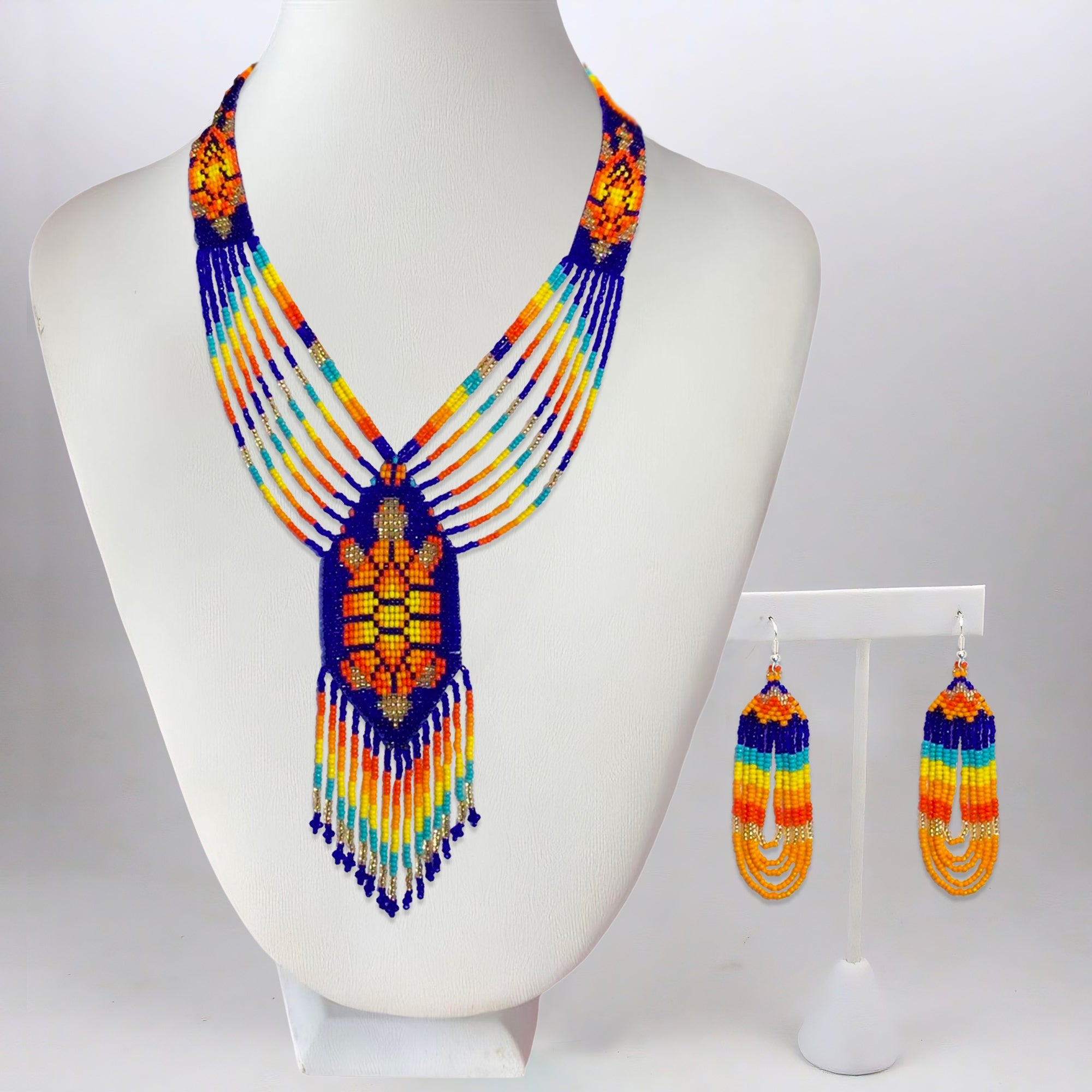 Beaded Lariat Necklace & Earrings Set, Rainbow Turtle Southwestern beadwork 2024 gift