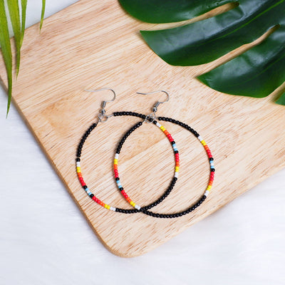 SALE 30% OFF - Black Round Pattern Beaded Handmade Hoop Earrings For Women