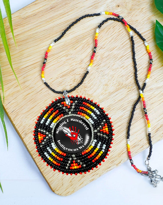 SALE 30% OFF - MMIW Red Hand Sunburst Beaded Patch Necklace Pendant Unisex With Native American Style