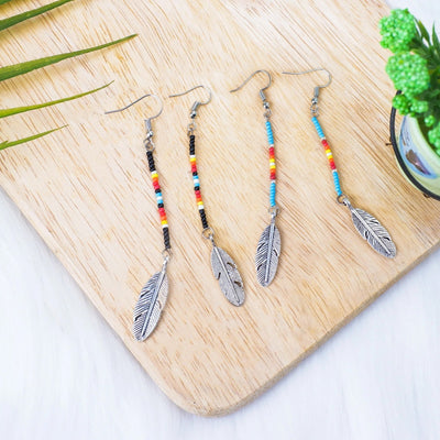 SALE 30% OFF - Black Stick with Metal Feather Beaded Handmade Earrings For Women