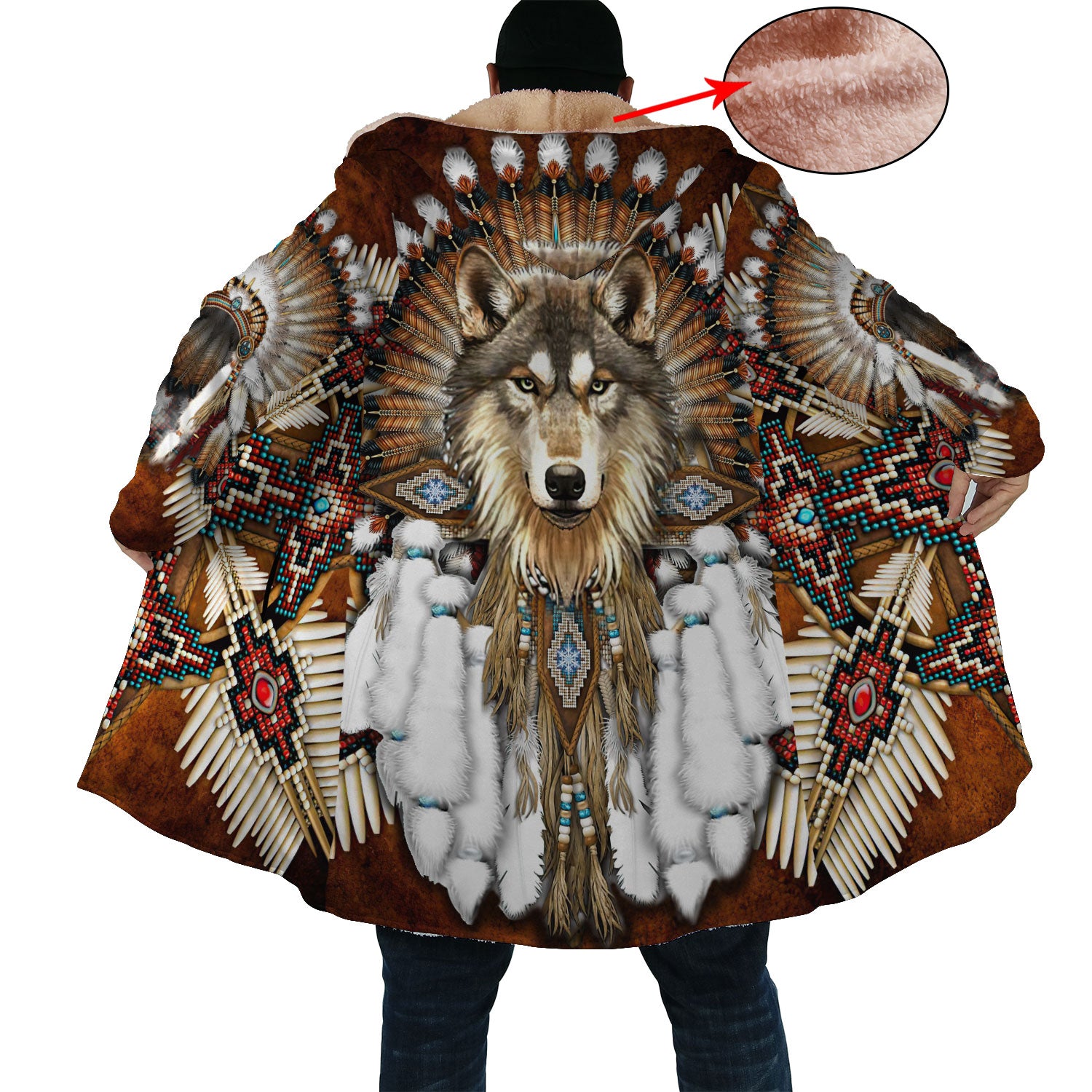Native American Wolf Dreamcatcher Pattern Horn Button Long Fleece Windbreaker WCS