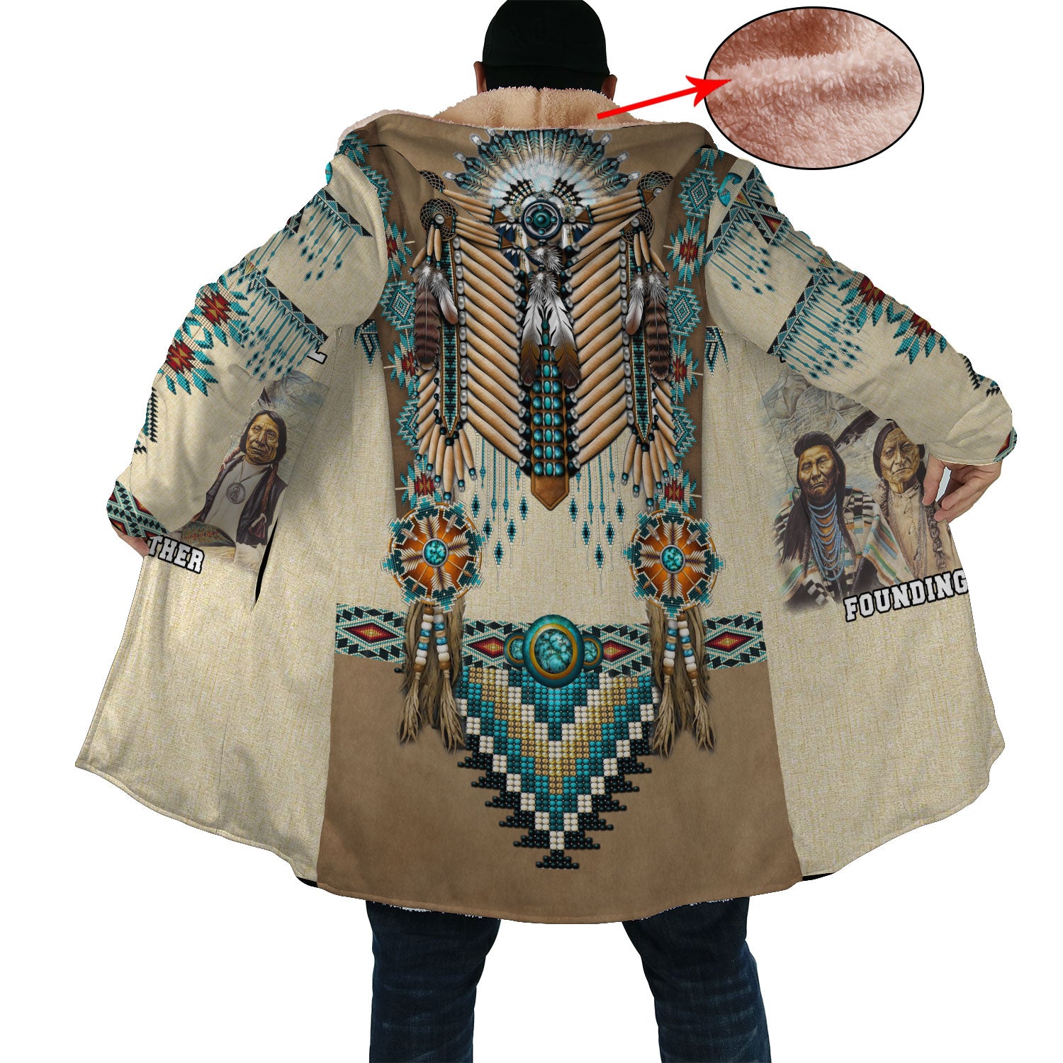 Turiquoise Native Indian Pattern Feather Horn Button Long Fleece Windbreaker WCS