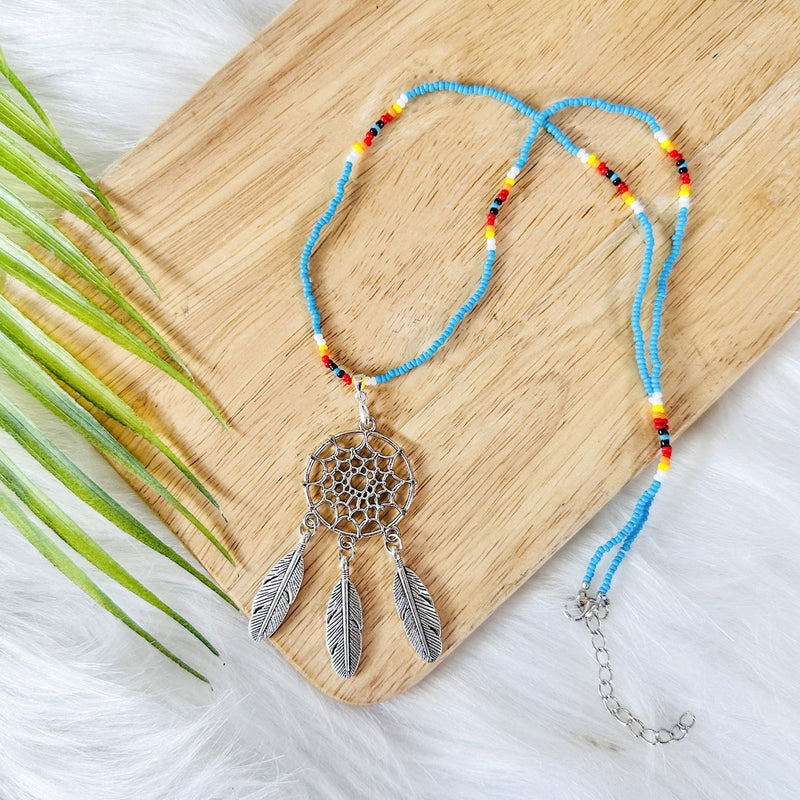 Long Silver Dreamcatcher Handmade Beaded Necklace For Women With Native American Style