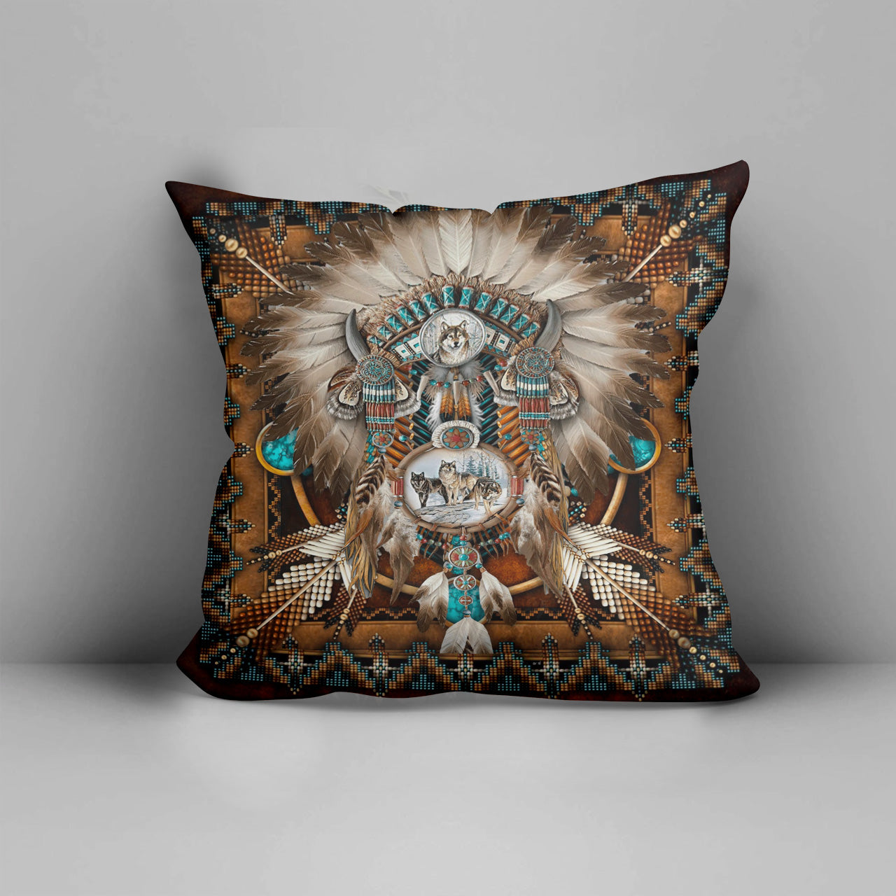 Brown Wolf DreamCatcher Native American Pillow Cover WCS