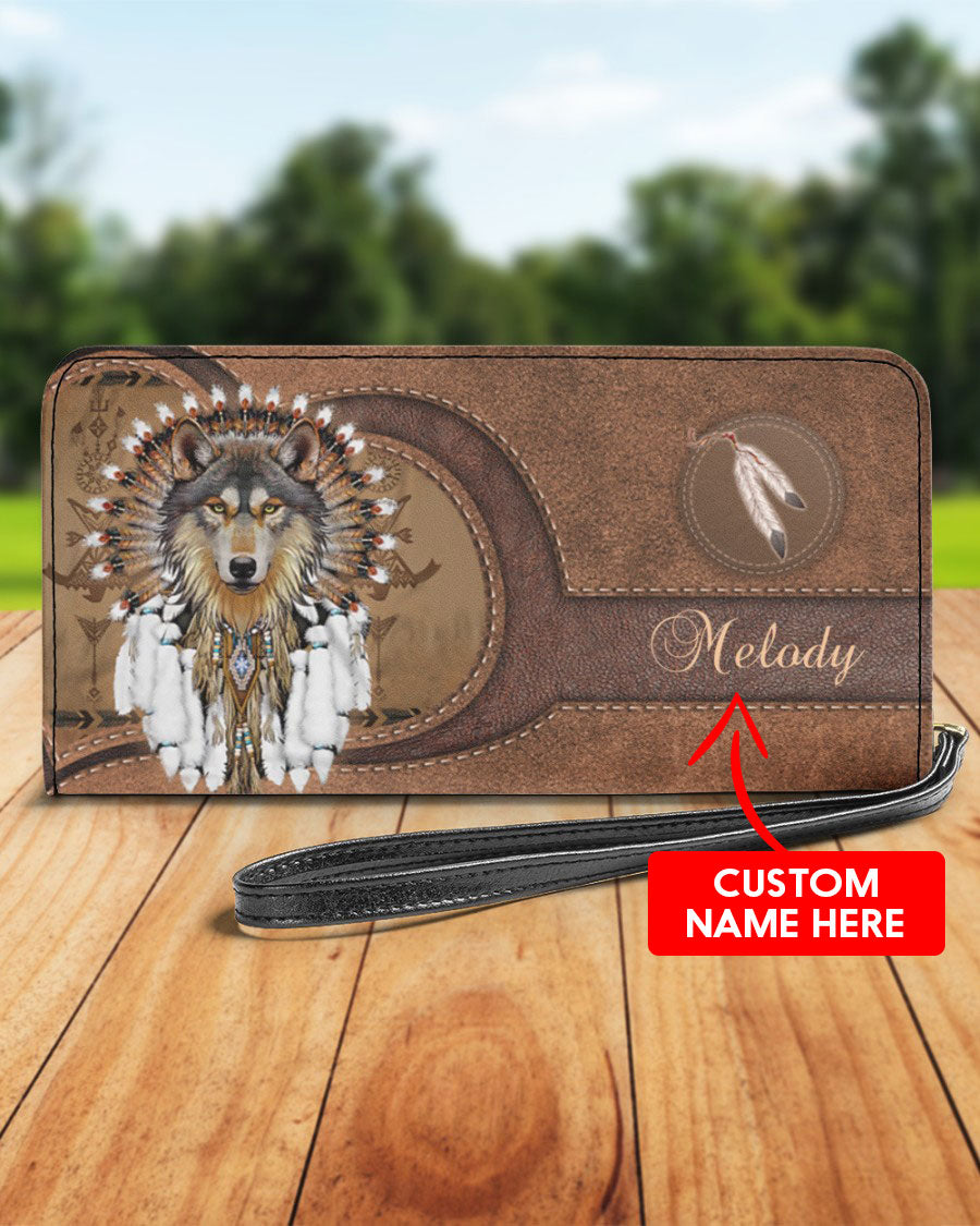 CUSTOM NAME HERE - Native American Wolf Womens Clutch Purse WCS