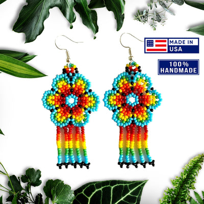 Ethnic Flower Turquoise Chandelier Beaded Handmade Earrings For Women