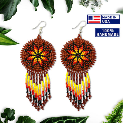 Brown Fire Color Flower Round Beaded Handmade Earrings For Women