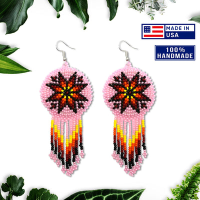 Pink Fire Color Round Beaded Handmade Earrings For Women