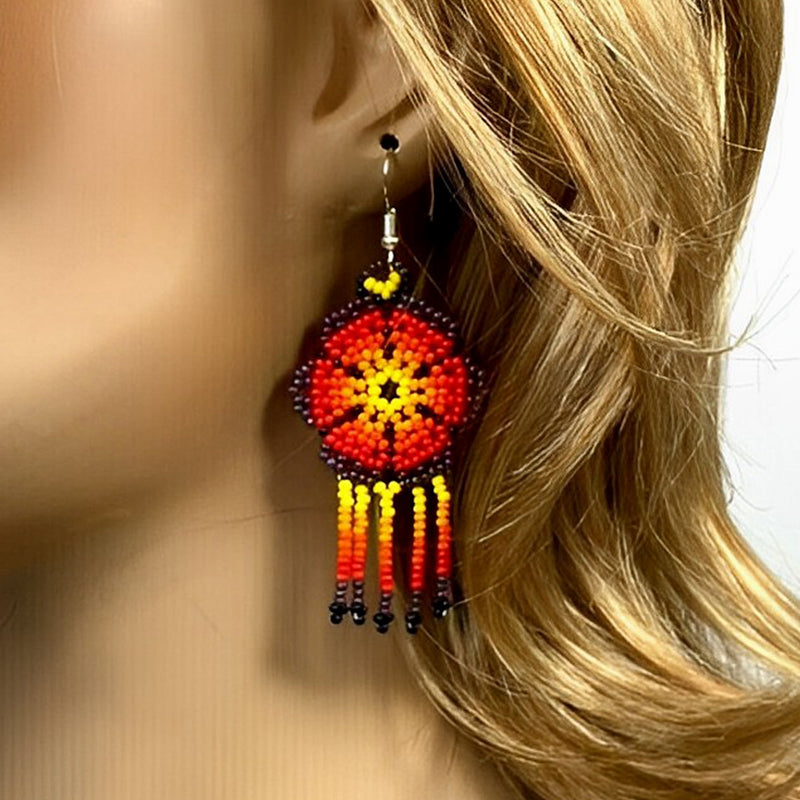 SALE 50% OFF - Ethnic Flower Purple Red Chandelier Black Stick with Metal Feather Beaded Handmade Earrings For Women