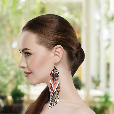 Black Red Peach Long Beaded Handmade Earrings For Women