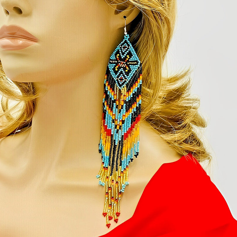SALE 50% OFF - Long Turquoise Blue Black Beaded Handmade Earrings For Women