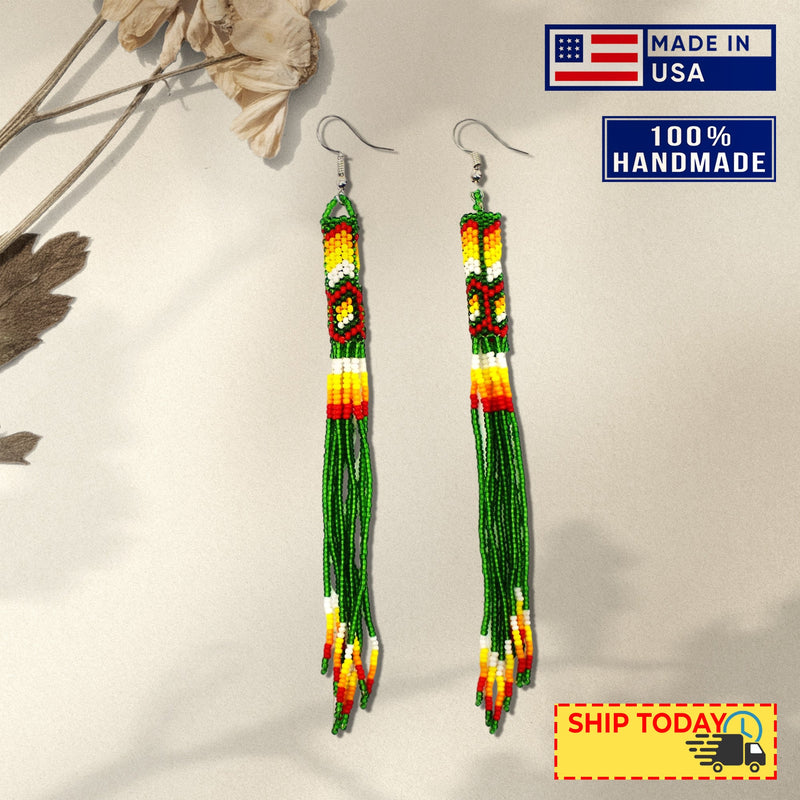 SALE 50% OFF - Green Extra Long Beaded Handmade Earrings For Women