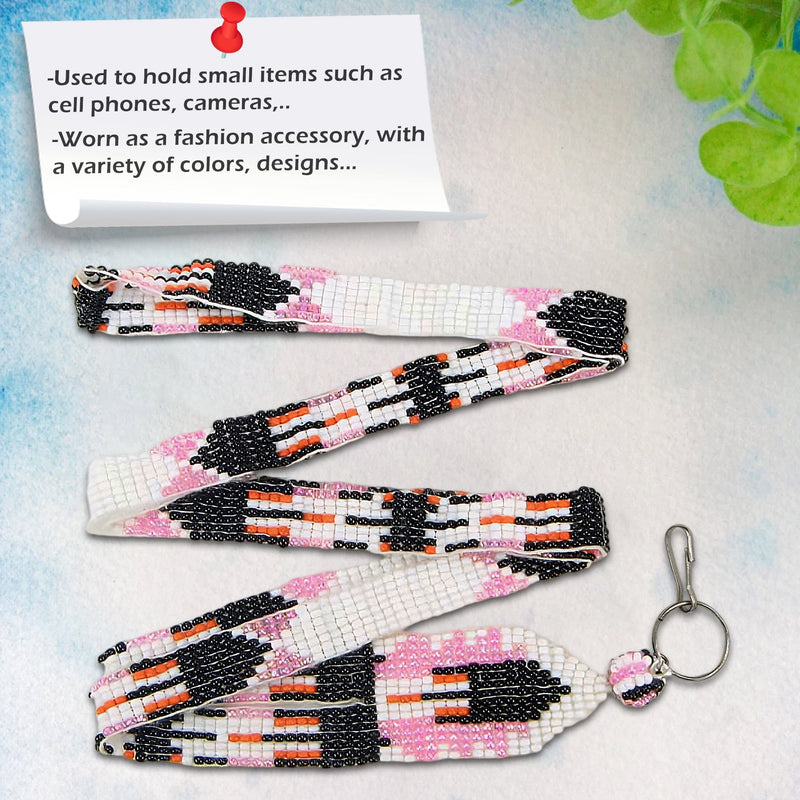 Pink White Black Beaded Feather Beadwork Lanyard Id Holder Handmade WCS