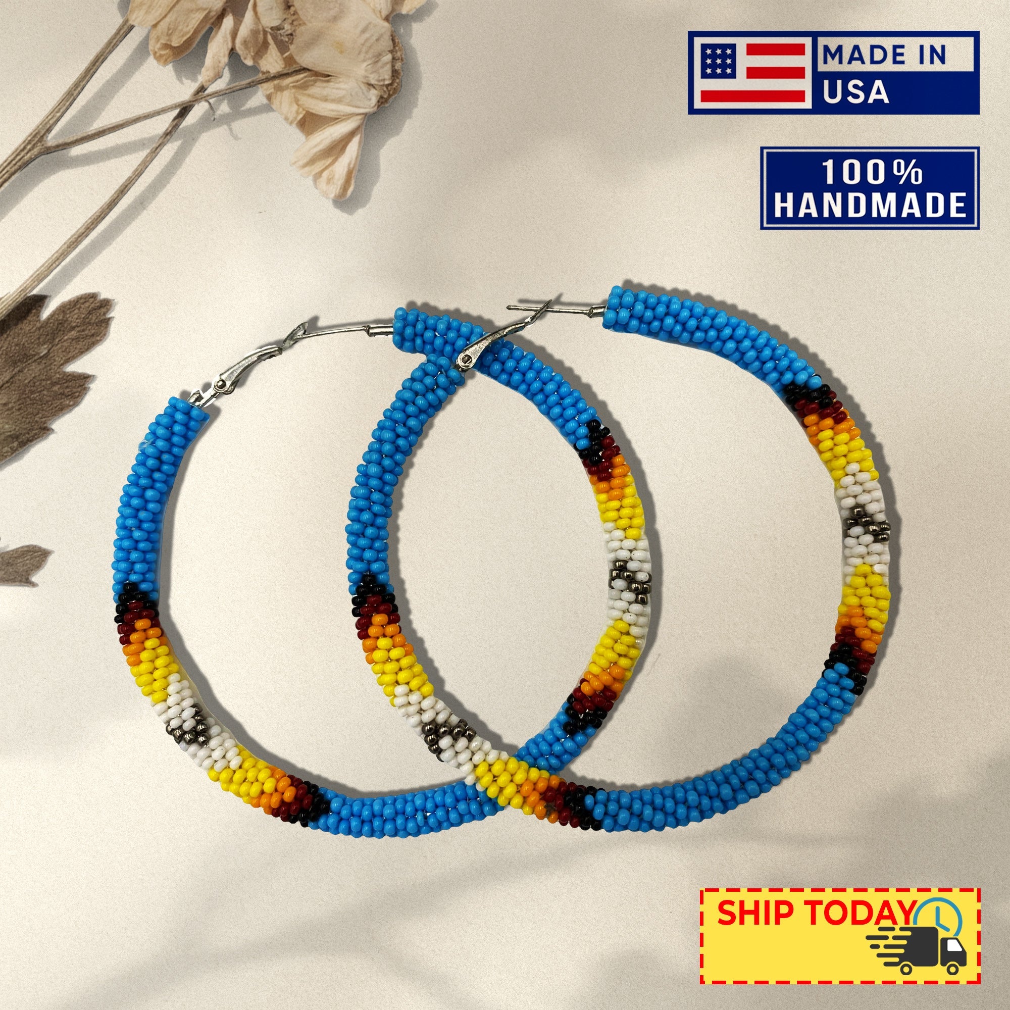 SALE 50% OFF - Cyan Blue 3-inch Hoop Pattern Beaded Handmade Earrings For Women