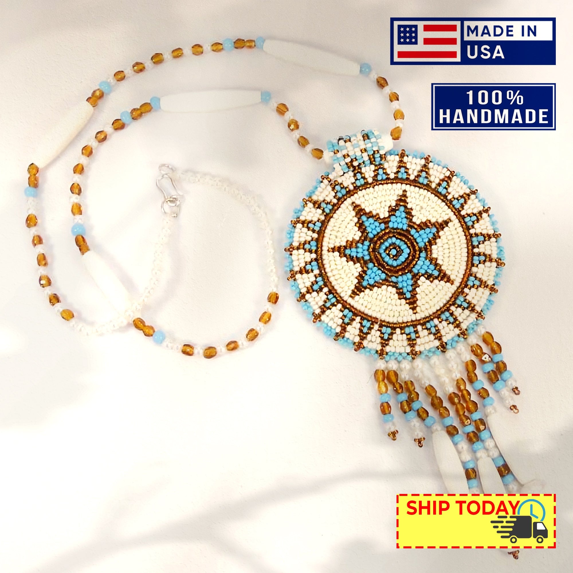 White Turquoise Seed Bead Long Star Medallion Necklace Earrings Set WCS