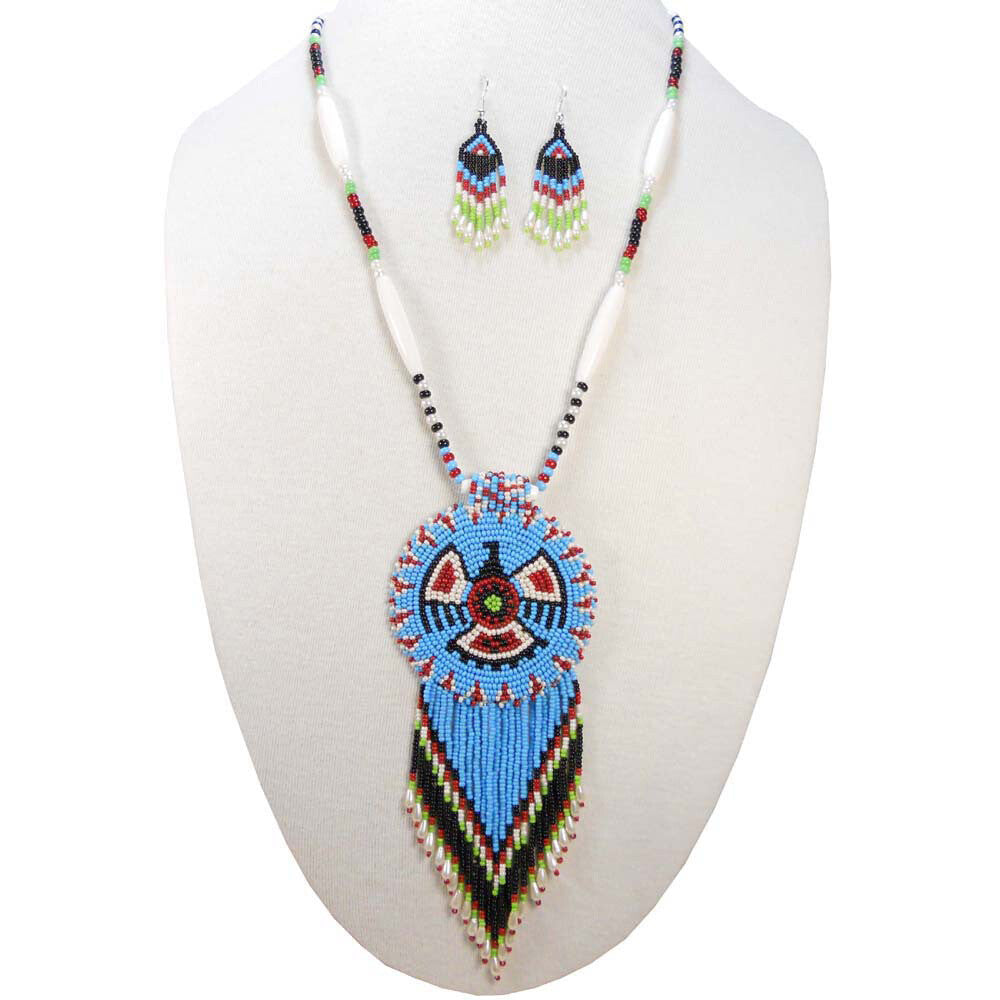 Turquoise Seed Beads Long Medallion Eagle Beaded Necklace Earrings Set WCS