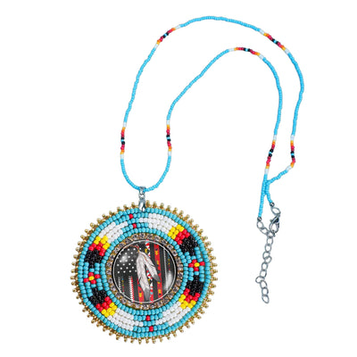 Native Flag Feathers Handmade Glass Beaded Patch Necklace Pendant