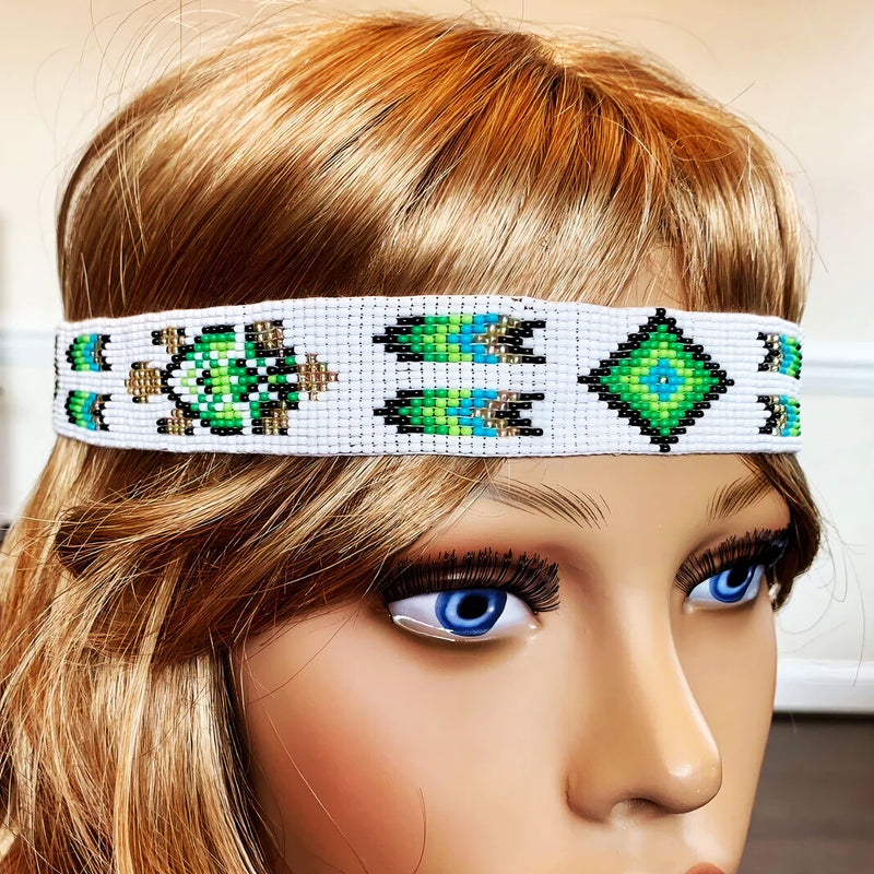 Handmade Beaded Native Style Green White Turtle Cowboy Hatband WCS