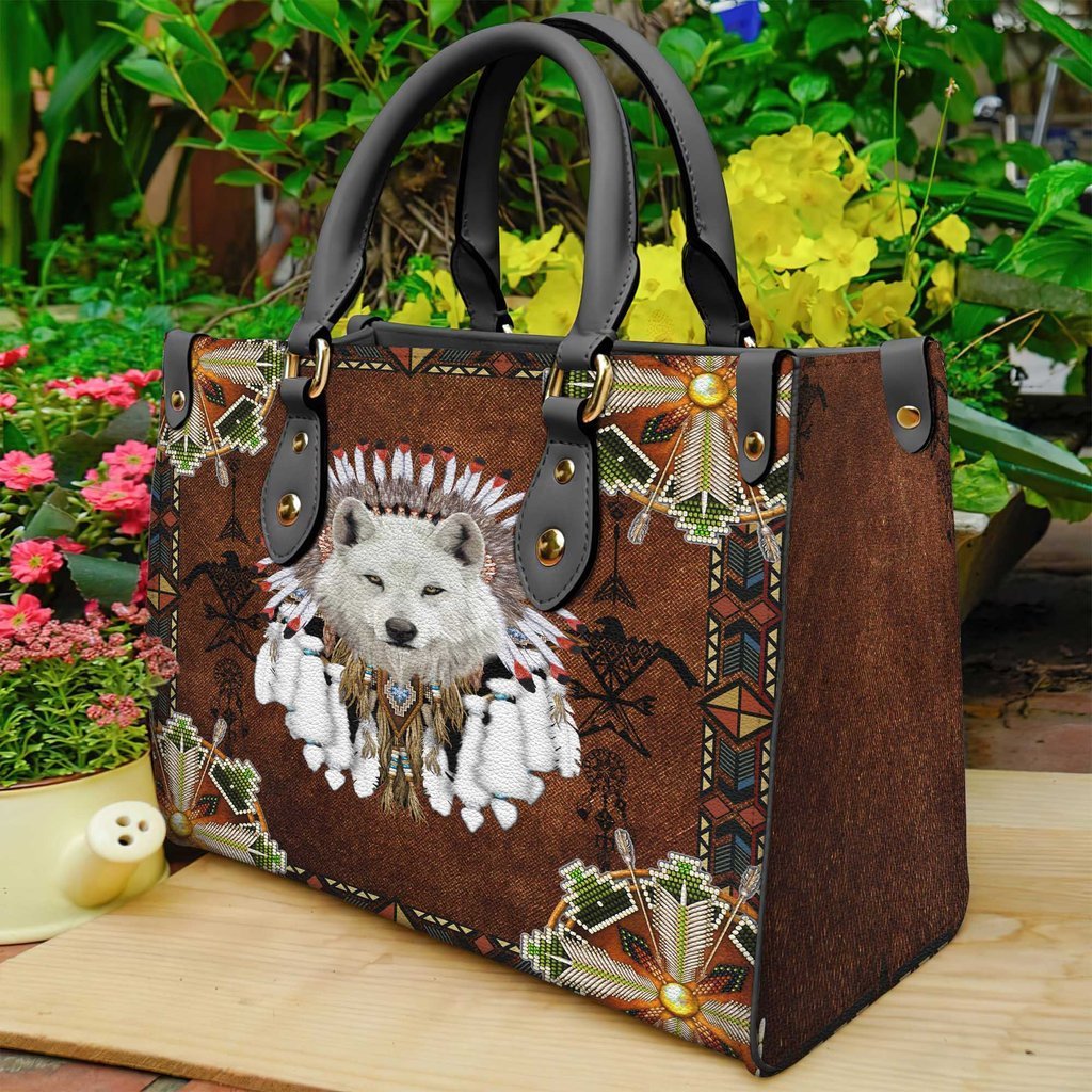 White Wolf With Headress Feathers Leather Bag WCS