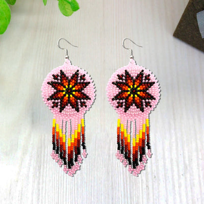 Pink Fire Color Round Beaded Handmade Earrings For Women