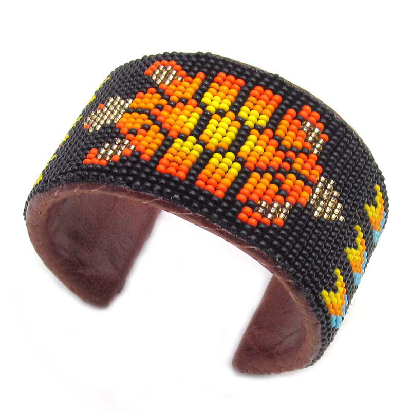 Black Fire Turtle Seed Bead Bracelet Hard Cuff Wide Leather WCS