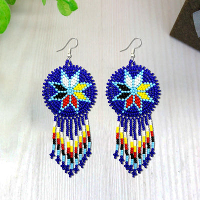 Blue 4 Directions Flower Round Beaded Handmade Earrings For Women