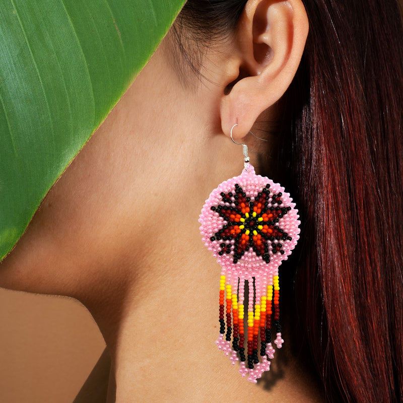 SALE 50% OFF - Pink Fire Color Round Beaded Handmade Earrings For Women
