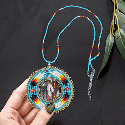 Native Flag Feathers Handmade Beaded Wire Necklace Pendant Unisex With Native American Style