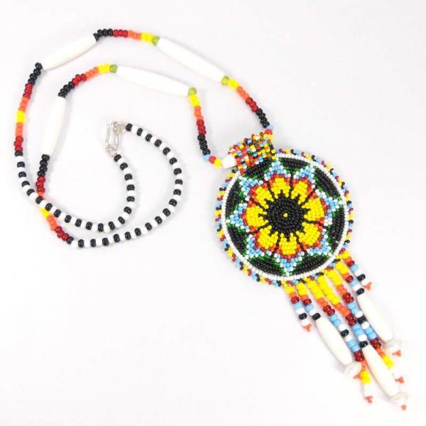 Black Yellow Seed Bead Long Star Medallion Handmade Necklace Earrings Set WCS