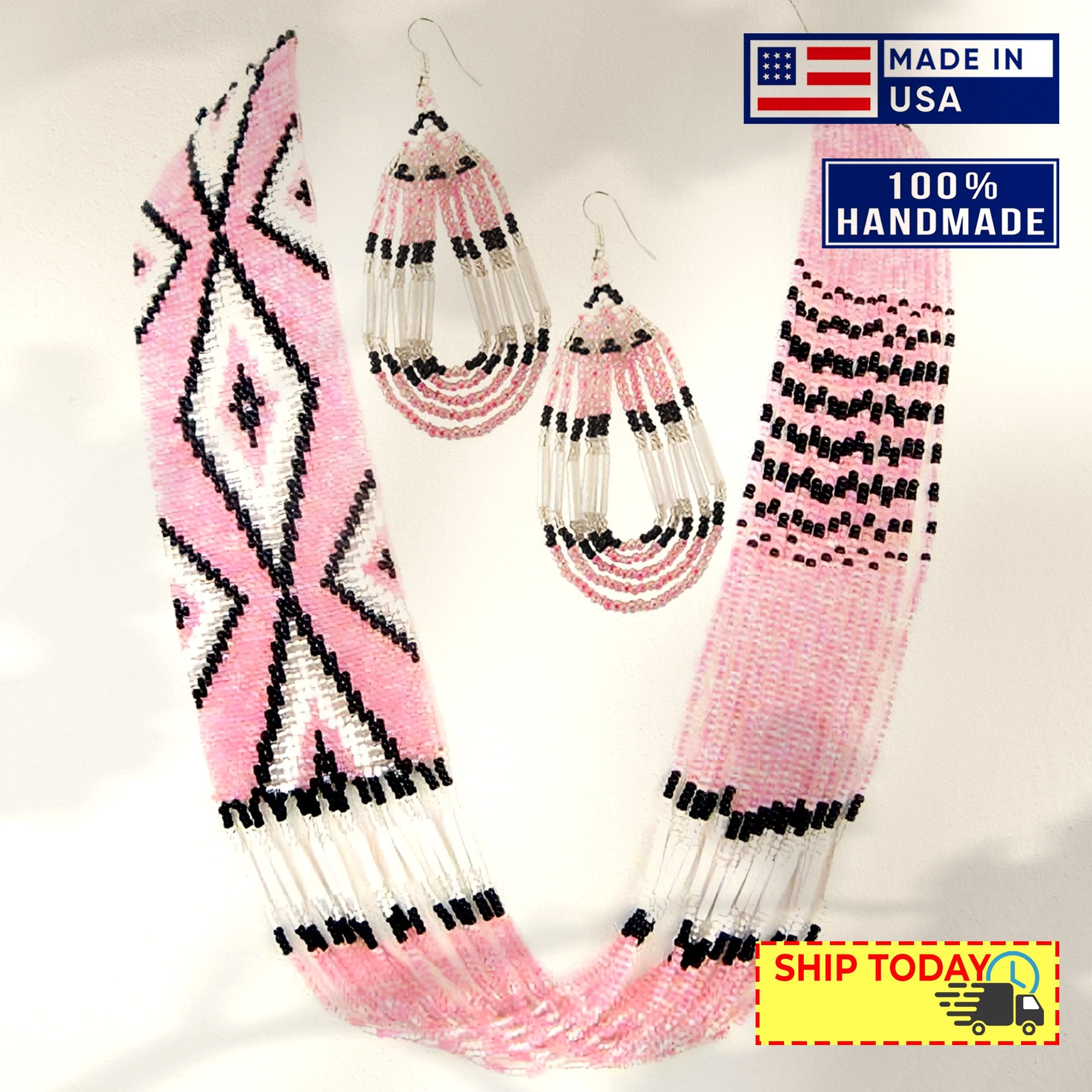 Handmade Beaded Pink Geometric Layered Necklace Earrings Set WCS