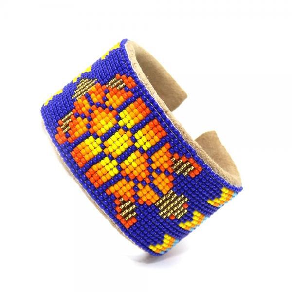 Blue Orange Turtle Seed Bead Bracelet Hard Cuff Wide Leather WCS