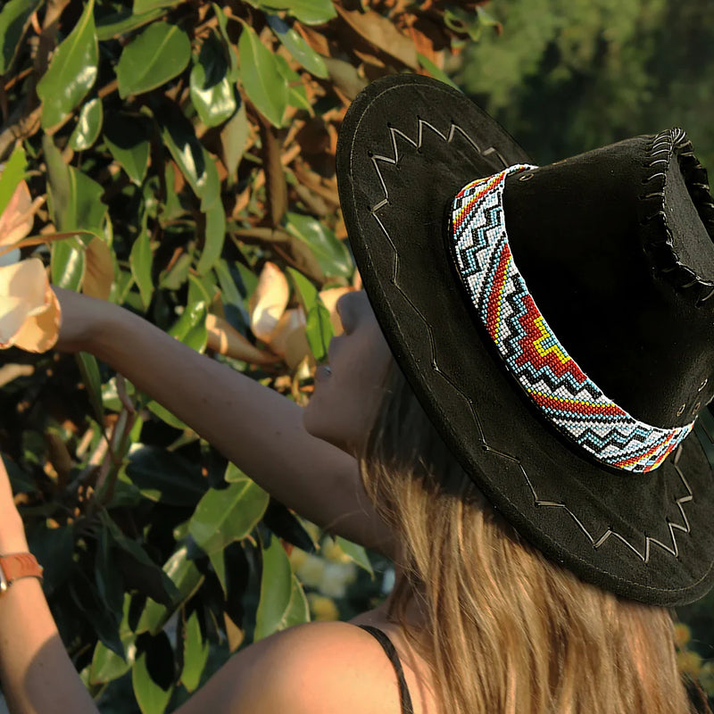 Handmade beaded Geometric White Multi-Colored loom Cowboy style Hatband